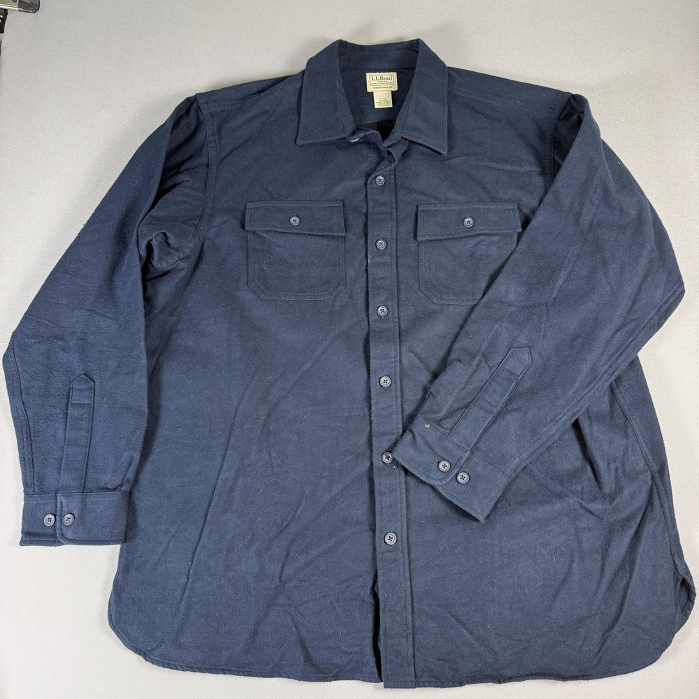 LL Bean Shirt Mens XL Navy Blue Flannel Chamois Button Down Cotton Long Sleeve